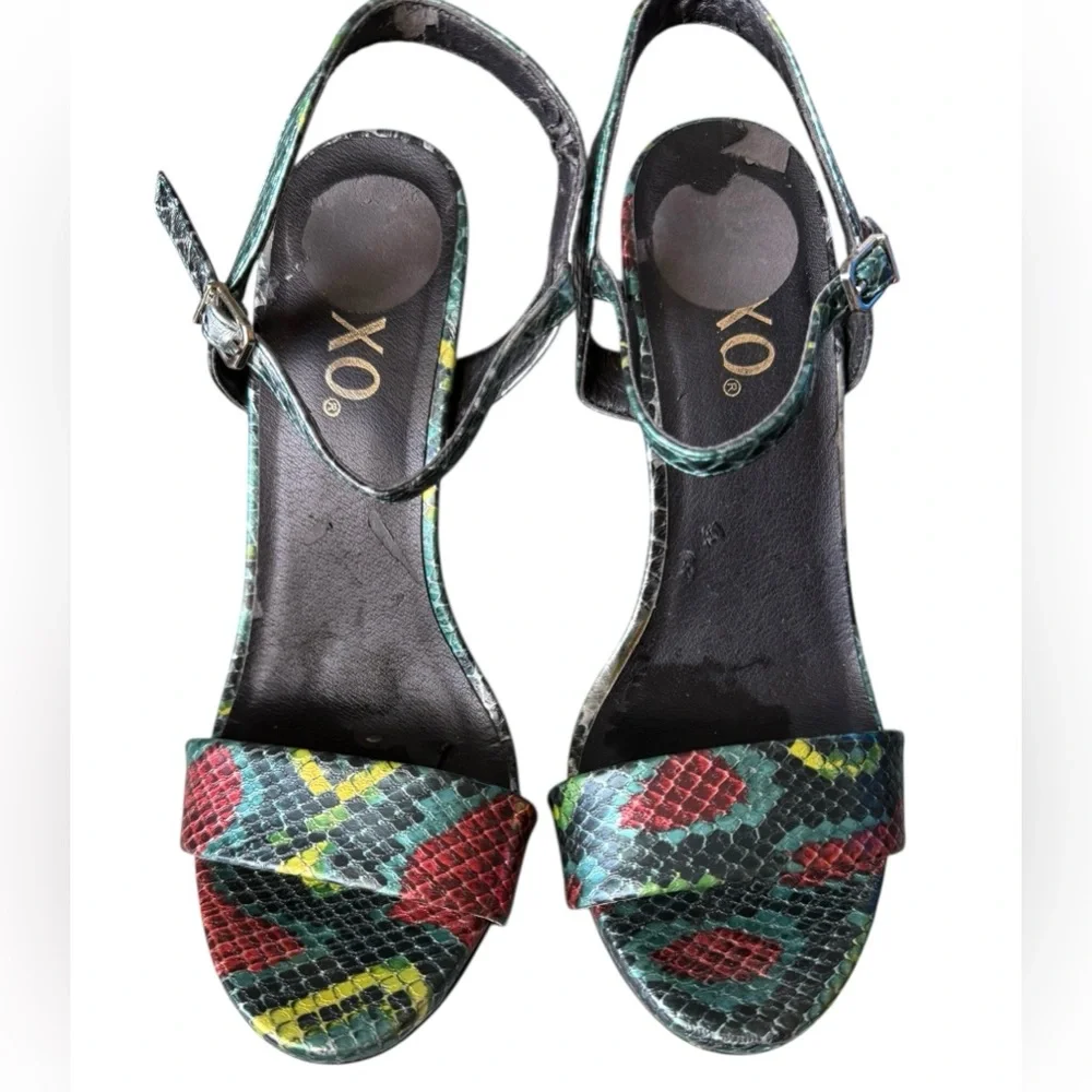 XOXO Colette Metallic Snakeskin Print Strappy Heeled Sandals- Size 7.5